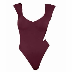 REORIA Burgundy Double Lined V Neck Thong Bodysuit Womens Medium